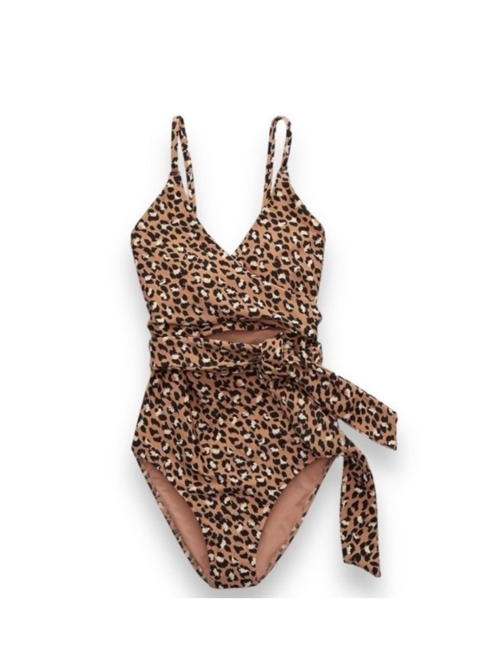 aerie Leopard-Print Wrap One-Piece Swimsuit in Brown and Black SZ Small